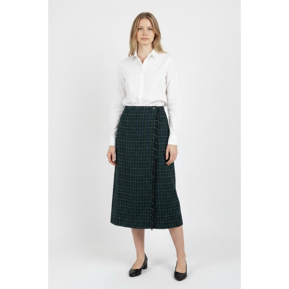 Vtg Talbots Wool Plaid Tartan Faux Wrap Midi Skirt Green Blue Fringe Trim Size 8